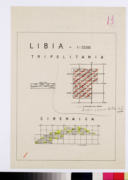 (N:7487) CARTA TOPOGRAFICA DELLA CIRENAICA ALLA SCALA DI 1:50.000 - Quadro d'unione (B0009716) Carte e stampe antiche: riproduzione a colori su carta (formato A3)