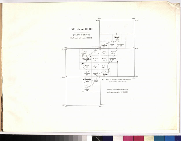(N:6975) CARTA TOPOGRAFICA DELL'ISOLA DI RODI (ATLANTE) - Quadro d'unione (B0010090) Carte e stampe antiche: riproduzione a colori su carta (formato A3)