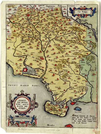 (N:1039) CARTELLA DAL TITOLO: THEATRUM ORBIS TERRARUM DI ORTELIO. "SENENSIS DITIONIS, ACCURATA DESCRIP." - Tavola 1-7 e Retro Carta (B0014004, B0014005) Carte e stampe antiche: riproduzione a colori su carta (formato A3)