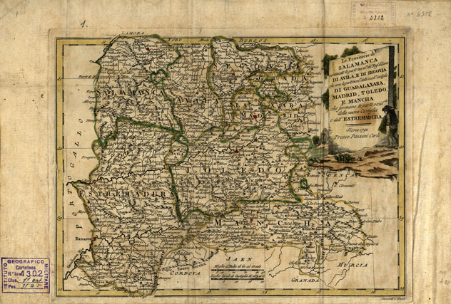 (N:19081) LA SPAGNA DIVISA IN QUATTRO TAVOLE - LE PROVINCIE DI SALAMANCA, AVILA SEGOVIA, GUADALAXARA, MADRID, TOLEDO E MANCHA - TAVOLA 3
 (B0015526) Carte e stampe antiche: riproduzione a colori su carta (formato A3)