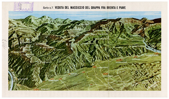 (N:29007) L'ESERCITO ITALIANO NELLA GRANDE GUERRA (1915-1918) - Carta n. 7: VEDUTA DEL MASSICCIO DEL GRAPPA FRA BRENTA E PIAVE (B0019890) Carte e stampe antiche: riproduzione a colori su carta (formato A3)