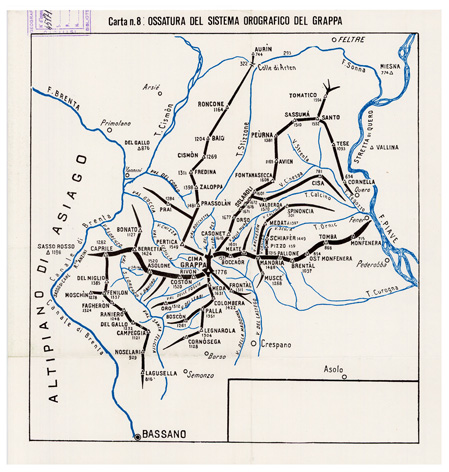 (N:29008) L'ESERCITO ITALIANO NELLA GRANDE GUERRA (1915-1918) - Carta n. 8: OSSATURA DEL SISTEMA OROGRAFICO DEL GRAPPA (B0019891) Carte e stampe antiche: riproduzione a colori su carta (formato A3)