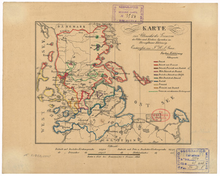 (N:35842) KARTE ZUR UBERSICHT DER GRENZEN DER VOLKS - UND KIRCHEN - SPRACHEN IN HERZOGTHUME SCHLESWIG (B0021156) Carte e stampe antiche: riproduzione a colori su carta (formato A3)