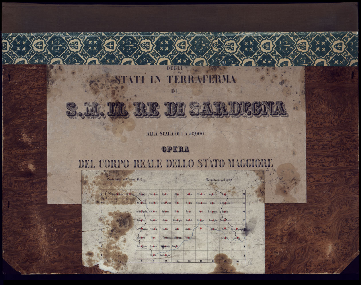 (N:23173) CARTA TOPOGRAFICA DEGLI STATI DI TERRA FERMA DI S.S.R.M. CARLO ALBERTO RE DI SARDEGNA FATTA DAL CORPO DELLO STATO MAGGIORE COMANDATO DAL TEN.TE GEN.LE B.NE DI MONTHOUX ALLA SCALA DI 1 50.000 1831 - COPERTINA QUADRO D'UNIONE. (CA001063) Carte e stampe antiche: riproduzione a colori su carta (formato A3)