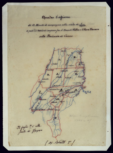 (N:7871) DODICI MINUTE DI CAMPAGNA, ALLA SCALA DI 1/20.000 DI PARTE DEL TERRITORIO COMPRESO FRA IL TORRENTE MELLEA E IL FIUME TANARO NELLA PROVINCIA DI CUNEO - QUADRO D'INSIEME. (CA001913) Carte e stampe antiche: riproduzione a colori su carta (formato A3)