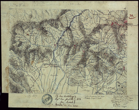(N:15394) RICOGNIZIONI ESEGUITE ALLA SCALA DI 1/20.000 CHE COMPRENDANO LE DUE RIVIERE DEGLI EX STATI SARDI E PARTE DELLE ATTUALI PROVINCIE DI ALESSANDRIA  E DI PAVIA - FOGLIO 39. (CA002670) Carte e stampe antiche: riproduzione a colori su carta (formato A3)