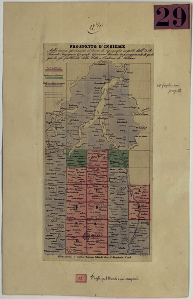 (N:9380) CARTA TOPOGRAFICA DEI CONTORNI DI MILANO RILEVATA D'IN SUL TERRENO E DISEGNATA NELLA PROPORZIONALE SCALA DI 1 A 25.000 DAL PRIMO TENENTE INGEGNERE GEOGRAFO PENSIONATO GIOVANNI BRENNA A. VALLARDI, EDIT. - PROSPETTO D'INSIEME. (CA004946) Carte e stampe antiche: riproduzione a colori su carta (formato A3)