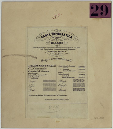 (N:9379) CARTA TOPOGRAFICA DEI CONTORNI DI MILANO RILEVATA D'IN SUL TERRENO E DISEGNATA NELLA PROPORZIONALE SCALA DI 1 A 25.000 DAL PRIMO TENENTE INGEGNERE GEOGRAFO PENSIONATO GIOVANNI BRENNA A. VALLARDI, EDIT.  SEGNI CONVENZIONALI. (CA004947) Carte e stampe antiche: riproduzione a colori su carta (formato A3)
