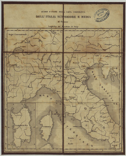 (N:24716) CARTA COROGRAFICA  DELL'ITALIA SUPERIORE E MEDIA AL 600.000 - Quadro d'Unione (CA005343) Carte e stampe antiche: riproduzione a colori su carta (formato A3)