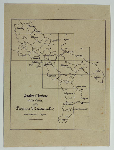 (N:25163) CARTA DELLE PROVINCE NAPOLITANE IN FOGLI 25 FOTOINCISA COL PROCEDIMENTO DEL GENERALE AVET ALLA SCALA DI 1:250.000 COPIA COMPLETA RIVEDUTA DAL 1882 AL 1884 PUBBLICATA DALL'ISTITUTO TOPOGRAFICO MILITARE, 1874 - QUADRO D'UNIONE. (CA007541) Carte e stampe antiche: riproduzione a colori su carta (formato A3)
