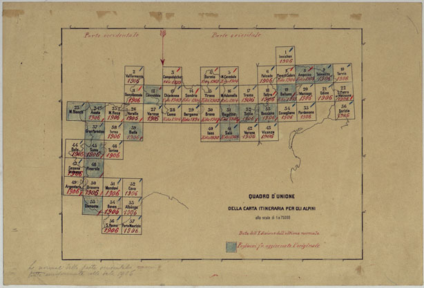(N:25352) CARTA ITINERARIA PER GLI ALPINI NORMALI D'ARCHIVIO CON AGGIORNAMENTO FINO AL 1910 EDIZIONE COMPLETA - QUADRO D'UNIONE. (CA007875) Carte e stampe antiche: riproduzione a colori su carta (formato A3)