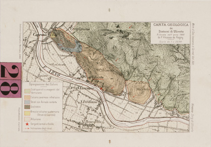 (N:17980) CARTA GEOLOGICA DEI DINTORNI DI ULIVETO (PROV. DI PISA)
 (B0000770) Carte e stampe antiche: riproduzione a colori su carta (formato A4)