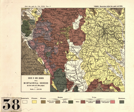 (N:15784) SCHIZZO DI CARTA GEOLOGICA DELLA MONTAGNOLA SENESE DAI RILIEVI INEDITI DEL R. UFFICIO GEOLOGICO. (B0000806) Carte e stampe antiche: riproduzione a colori su carta (formato A4)