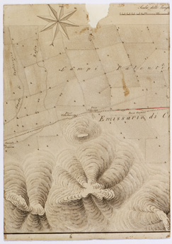 (N:6470) I. CARTA TOPOGRAFICA DEL BACINO DEL FUCINO 
II. PIANTA E SEZIONE VERTICALE DELL'EMISSARIO DI CLAUDIO DAL SUO FONDO FINO ALLA SUPERFICIE DEL TERRENO - Tavola 6 (B0001291) Carte e stampe antiche: riproduzione a colori su carta (formato A4)