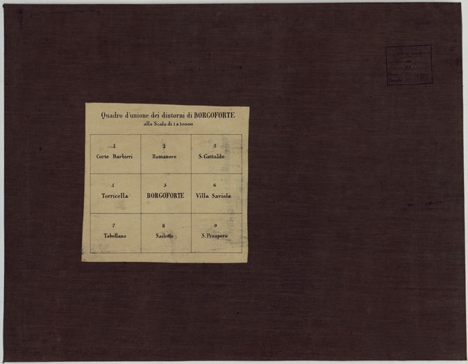(N:423) CARTA DEI DINTORNI DI BORGOFORTE ALLA SCALA DI 1 AL 10.000 - Quadro d'Unione (CA005236) Carte e stampe antiche: riproduzione a colori su carta (formato A4)