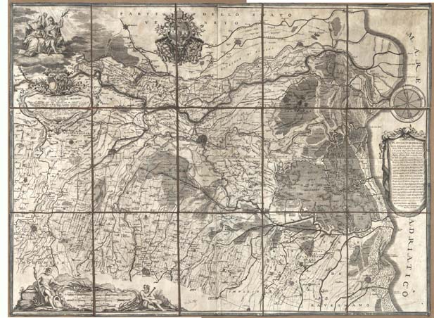 (N:8683) COROGRAFIA DEL DUCATO DI FERRARA CON LA DELINEAZIONE DELLE CITTA', CASTELLI, TERRE, VILLE E LUOGHI DEL MEDESIMO, E DI PARTE DEGLI STATI CIRCONVICINI, CON SUOI FIUMI, VALLI, CONDOTTI, ARGINI, E STRADE, FATTA MEDIANTE L'UNIONE DELLE PIU' ESATTE E MODERNE... (B0012856, B0012857, B12856-7) Carte e stampe antiche: riproduzione digitale a 150 DPI