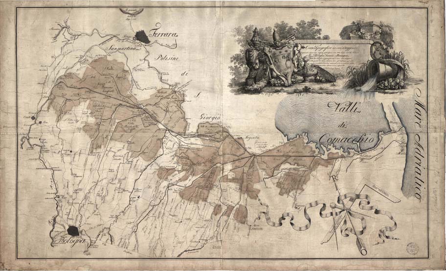 (N:8685) CARTA TOPOGRAFICA IN CUI SI VEGGONO DELINEATI I LAVORI TUTTI ESEGUITI DALLA COMMISSIONE DELLE ACQUE DELLE TRE PROVINCIE BOLOGNA, FERRARA E ROMAGNA DALL'ANNO 1767 FINO AL GIORNO PRESENTE. LE DIVERSE DIREZIONI DATI AGLI INFLUENTI, AGLI ASCOLI... (B0012860, B0012861, B0012862, B12860-2) Carte e stampe antiche: riproduzione digitale a 150 DPI