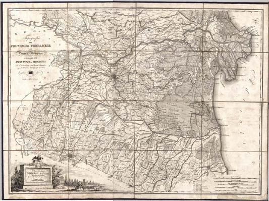 (N:9938) TOPOGRAFIA DELLA PROVINCIA FERRARESE DELLA PIANURA BOLOGNESE E DI UNA PARTE DELLE PROVINCIE DI ROMAGNA CON L'INDICAZIONE DEI LAVORI IDRAULICI ESEGUITI DAL 1767 A TUTTO GIUGNO DEL 1825. (B0012897, B0012898, B12897-8) Carte e stampe antiche: riproduzione digitale a 150 DPI