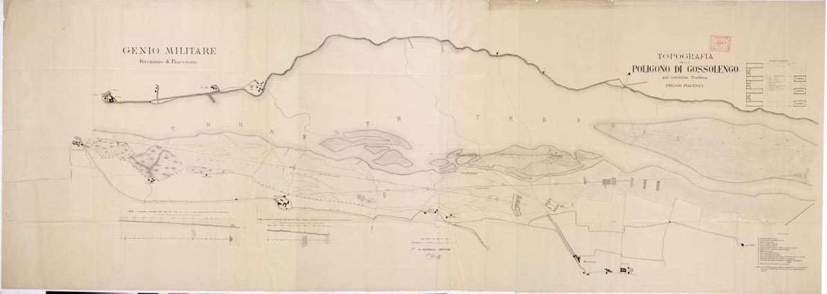 (N:13101) TOPOGRAFIA DEL POLIGONO DI GOSSOLENGO SUL TORRENTE TREBBIA PRESSO PIACENZA (B0002149, B0002150, B0002151, B2149-51) Carte e stampe antiche: riproduzione digitale a 150 DPI
