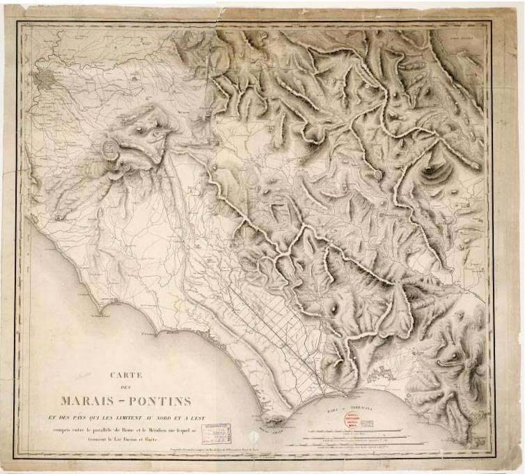 (N:8549) CARTE DES MARAIS - PONTINS ET DES PAYS QUI LES LIMITENT AU NORD ET A L'EST COMPRIS ENTRE LE PARALLELE DE ROME ET LE MERIDIEN SUR LEQUEL SE TROUVENT LE LAC FUCINO ET GAETE (s. d.). (Agro Pontino) (B0002777, B0002778, B2777-78) Carte e stampe antiche: riproduzione digitale a 150 DPI