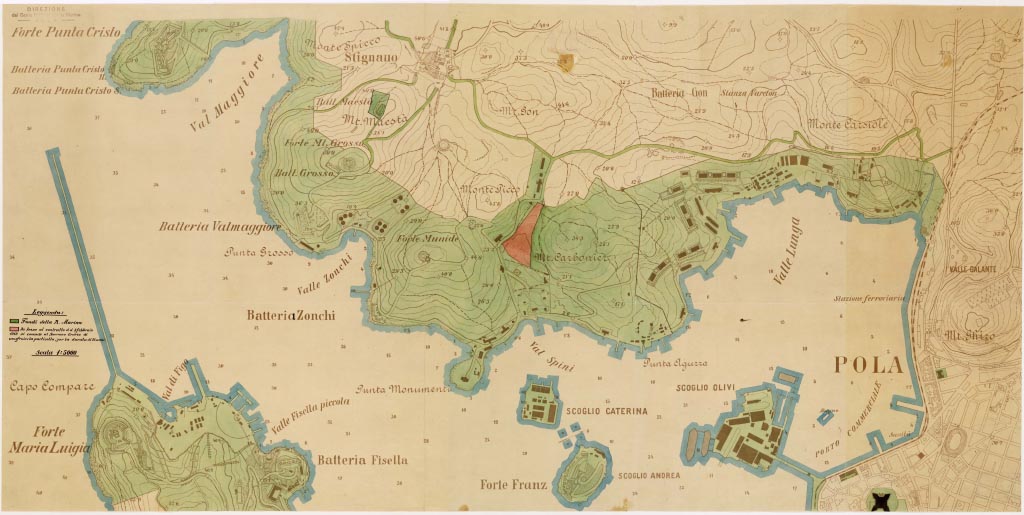 (N:13907) PIANTA DI POLA IN BASE AL PIANO REGOLATORE - Foglio 1 (B0006621, B0006622, B6621-22) Carte e stampe antiche: riproduzione digitale a 150 DPI