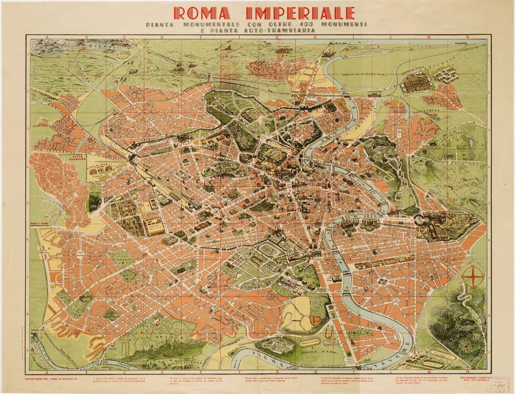 (N:13974) ROMA IMPERIALE - PIANTA MONUMENTALE CON OLTRE 400 MONUMENTI E PIANTA AUTO -TRAMVIARIA - Fronte e Retro (B0006644, B0006645, B0006646, B0006647, B6644-45, B6646-47) Carte e stampe antiche: riproduzione digitale a 150 DPI