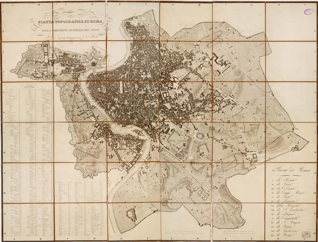 (N:14031) PIANTA TOPOGRAFICA DI ROMA DALLA DIREZIONE GENERALE DEL CENSO. 1829 (B0006689, B0006690, B0006691, B0006692, B6689-92) Carte e stampe antiche: riproduzione digitale a 150 DPI