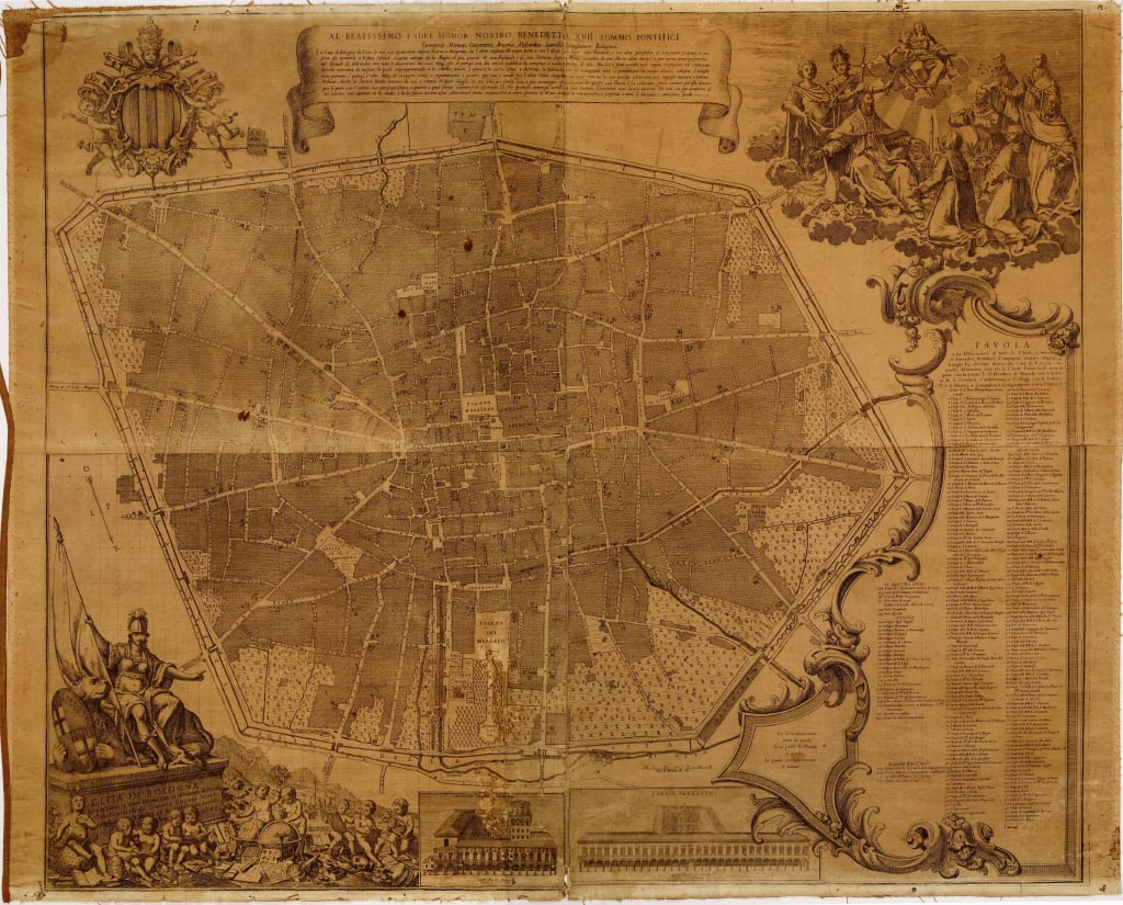 (N:8737) CITTA' DI BOLOGNA POSTA IN PIANTA IN ESATTA MISURA CON LA DISTINZIONE DE PORTICI CHE SONO IN ESSA DAL GEOMETRA GREGORIO MONARI INTAGLIATA & ORNATA DA ANT. ALESSANDRO SCARSELLI L'ANNO 1745. (B0006895, B0006896, B6895-96) Carte e stampe antiche: riproduzione digitale a 150 DPI