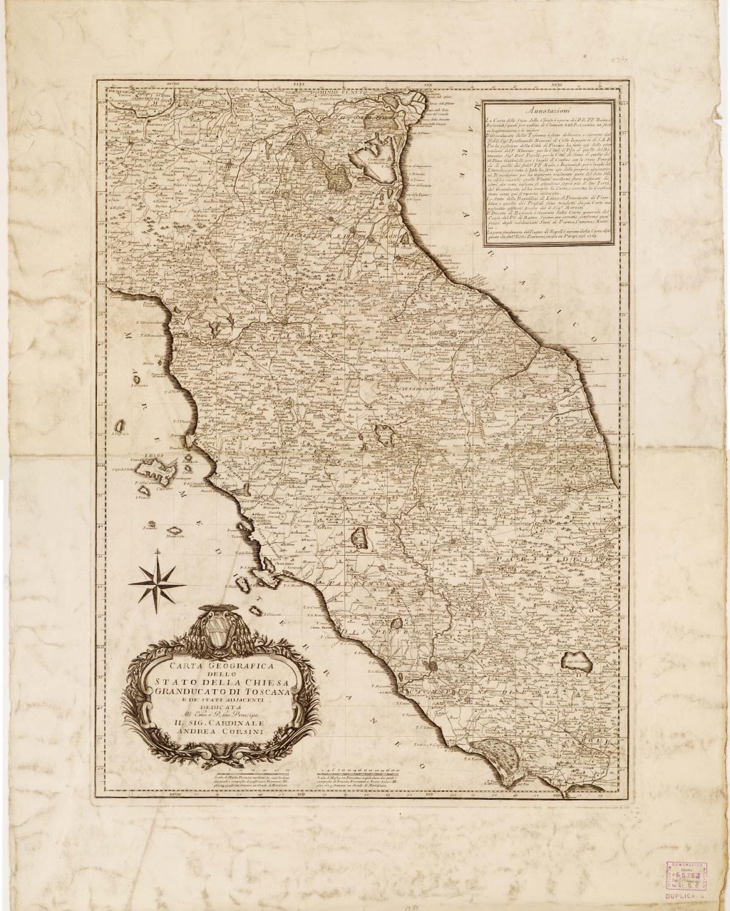 (N:5008) CARTA GEOGRAFICA DELLO STATO DELLA CHIESA GRANDUCATO DI TOSCANA E DE' STATI ADIACENTI DEDICATA ALL'E.MO E R.MO PRINCIPE IL SIG. CARDINALE ANDREA CORSINI. (B0008199, B0008200, B8199-00) Carte e stampe antiche: riproduzione digitale a 150 DPI