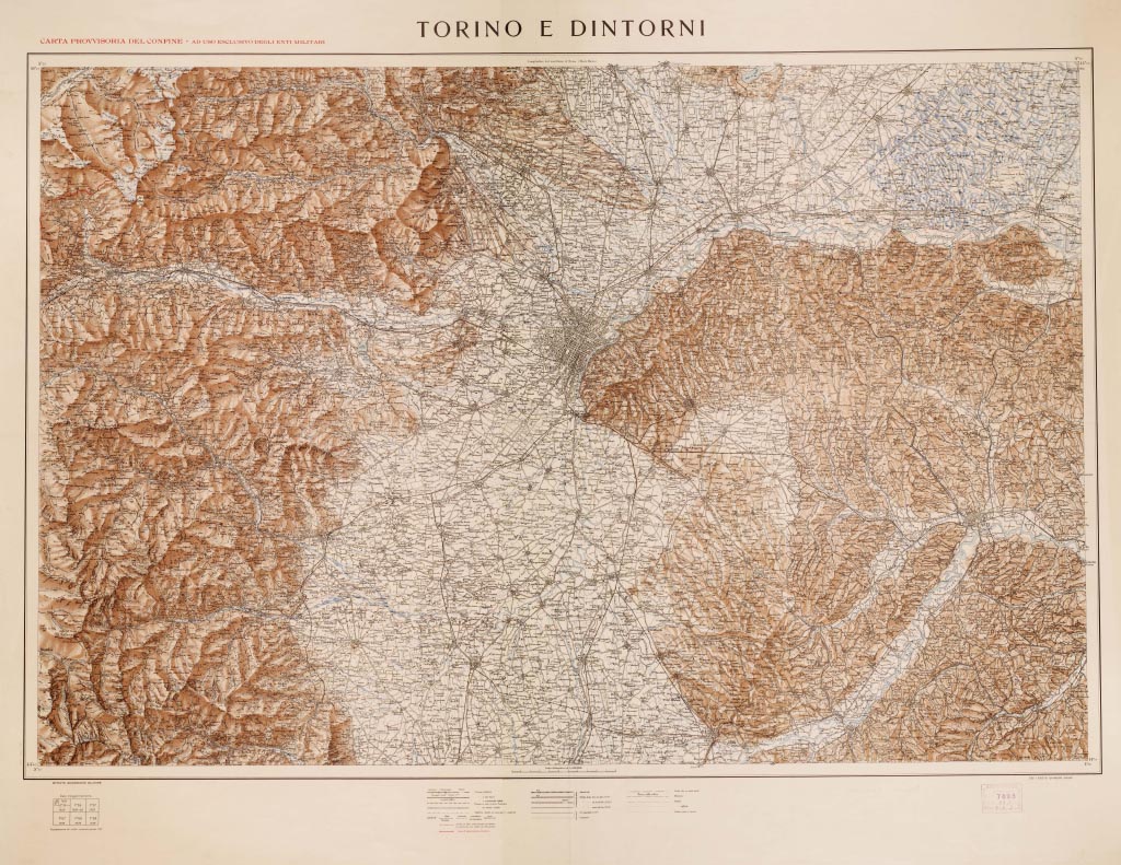 (N:12635) TORINO E DINTORNI CARTA PROVVISORIA DEL CONFINE, AD USO ESCLUSIVO DEGLI ENTI MILITARI (B0008512, B0008513, B8512-13) Carte e stampe antiche: riproduzione digitale a 150 DPI