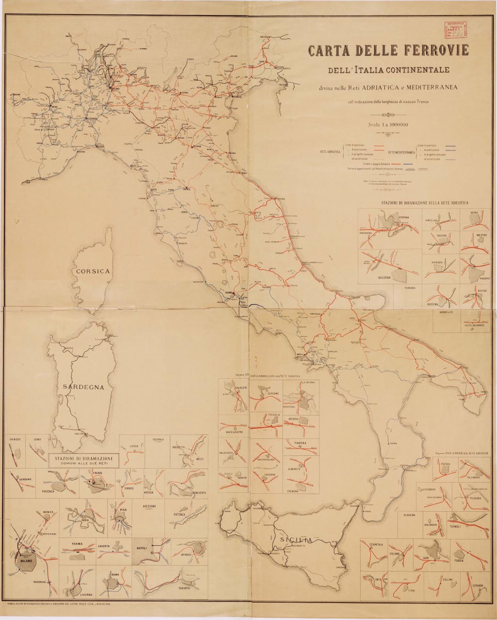(N:3791) CARTA DELLE FERROVIE DELL'ITALIA CONTINENTALE DIVISA NELLE RETI ADRIATICA E MEDITERRANEA LE STRADE AUTOMOBILISTICHE E LE LINEE FERROVIARIE ITALIANE (B0008527, B0008528, B0008529, B0008530, B8527-30) Carte e stampe antiche: riproduzione digitale a 150 DPI