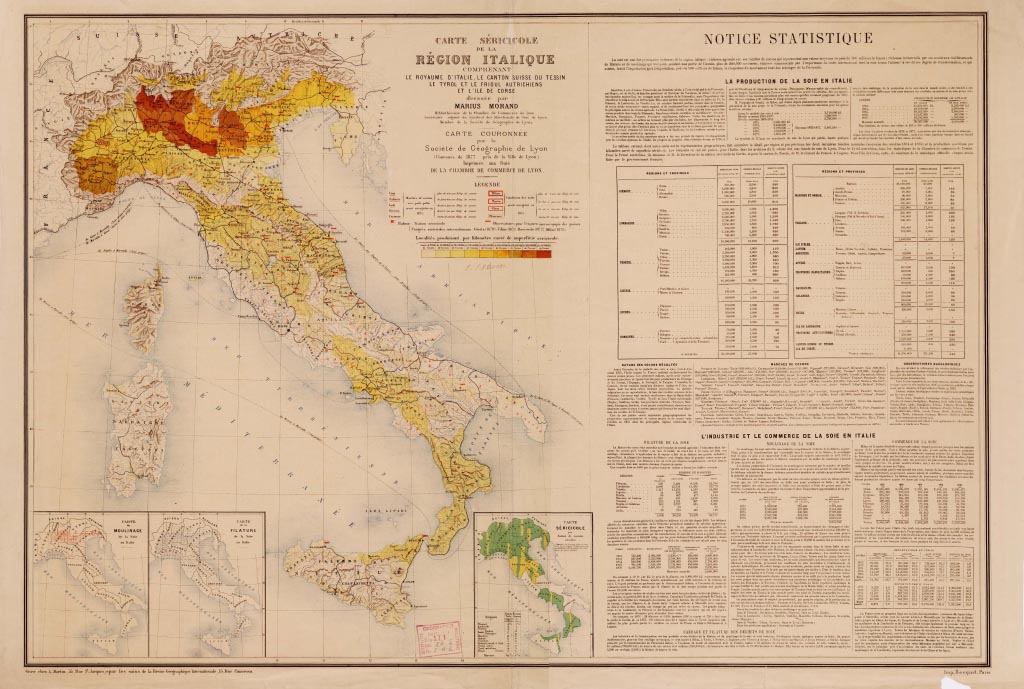 (N:8623) CARTE SERICICOLE DE LA REGION ITALIQUE COMPRENANT LE ROYAUME D'ITALIE, LE CANTON SUISSE DU TESSIN LE TYROL ET LE FRIOUL AUTRICHIENS ET L'ILE DE CORSE. DRESSEE PAR MARIUS MORAND. (B0008704, B0008705, B8704-05) Carte e stampe antiche: riproduzione digitale a 150 DPI