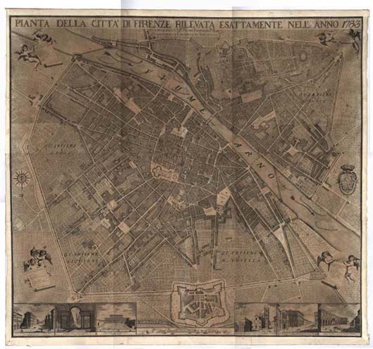 (N:8896) PIANTA DELLA CITTA' DI FIRENZE RILEVATA ESATTAMENTE NELL'ANNO 1783 E DEDICATA A S.A.R. PIETRO LEOPOLDO P. R.DI UNGH. E DI BOE. E GRANDUCA DI TOSCANA. (B0012867, B0012868, B0012869, B0012870, B0012871, B0012872, B12867-72) Carte e stampe antiche: riproduzione digitale a 300 DPI