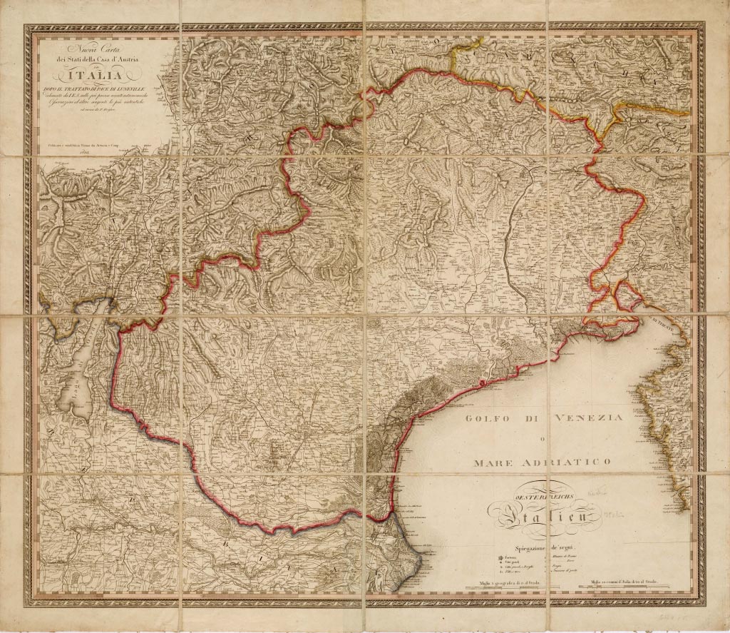 (N:12989) NUOVA CARTA DEGLI STATI DELLA CASA D'AUSTRIA IN ITALIA DOPO IL TRATTATO DI PACE DI LUNEVILLE DELINEATA DA I.E.S. SULLE PIU' PRECISE RECENTI ASTRONOMICHE OSSERVAZIONI ED ALTRE SORGENTI LE PIU' ANTICHE ED INCISA DA F. REISSER (B0005517, B0005518, B5517-18) Carte e stampe antiche: riproduzione digitale a 300 DPI