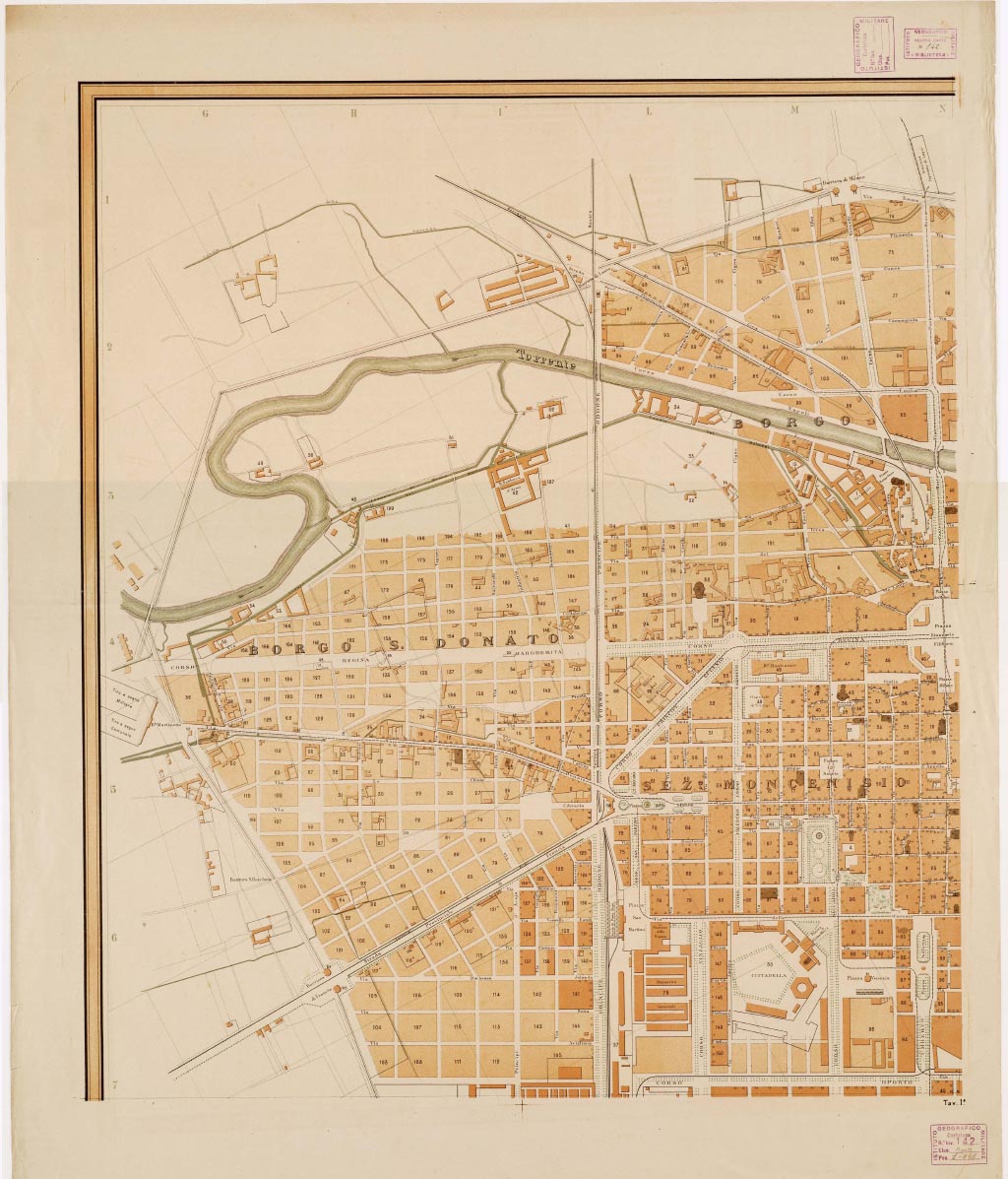 (N:13330) PIANO GENERALE DELLA CITTA' DI TORINO COLL'INDICAZIONE DEI PIANI REGOLARI DEGLI INGRANDIMENTI, COMPILATO PER CURA DELL'UFFICIO TECNICO MUNICIPALE. ESEGUITO NELLA LITOGRAFIA FRATELLI DOYEN. TORINO, NELL'ANNO 1884. G. KIRCHMAYR INCISORE.- Tavola 1 (B0006593, B0006594, B6593-94) Carte e stampe antiche: riproduzione digitale a 300 DPI