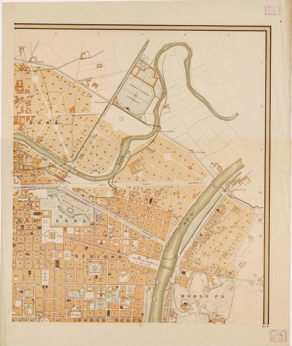 (N:13334) PIANO GENERALE DELLA CITTA' DI TORINO COLL'INDICAZIONE DEI PIANI REGOLARI DEGLI INGRANDIMENTI, COMPILATO PER CURA DELL'UFFICIO TECNICO MUNICIPALE. ESEGUITO NELLA LITOGRAFIA FRATELLI DOYEN. TORINO, NELL'ANNO 1884. G. KIRCHMAYR INCISORE - Tavola 2 (B0006595, B0006596, B6595-96) Carte e stampe antiche: riproduzione digitale a 300 DPI