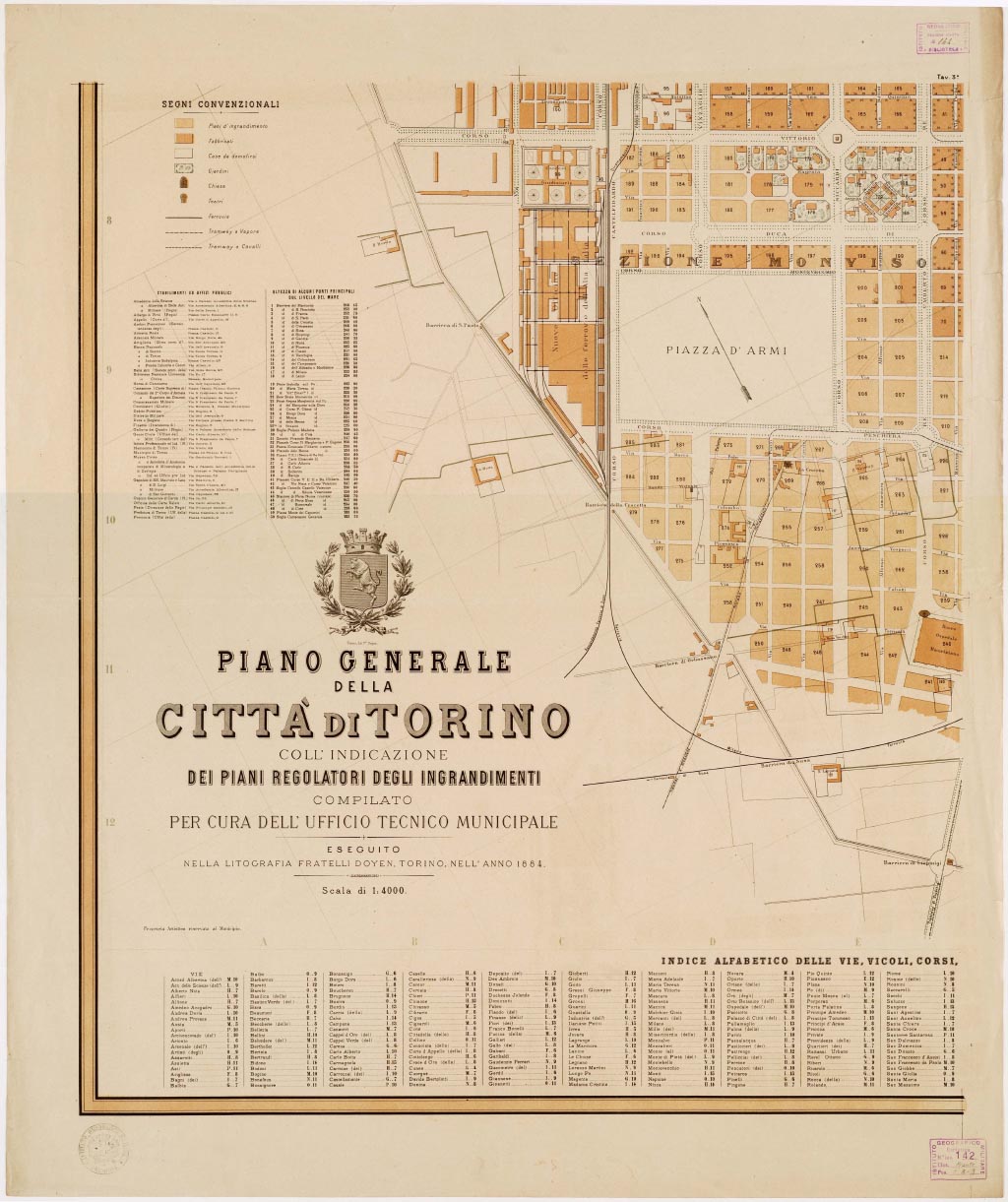 (N:13336) PIANO GENERALE DELLA CITTA' DI TORINO COLL'INDICAZIONE DEI PIANI REGOLARI DEGLI INGRANDIMENTI, COMPILATO PER CURA DELL'UFFICIO TECNICO MUNICIPALE. ESEGUITO NELLA LITOGRAFIA FRATELLI DOYEN. TORINO, NELL'ANNO 1884. G. KIRCHMAYR INCISORE - Tavola 3 (B0006597, B0006598, B6597-98) Carte e stampe antiche: riproduzione digitale a 300 DPI
