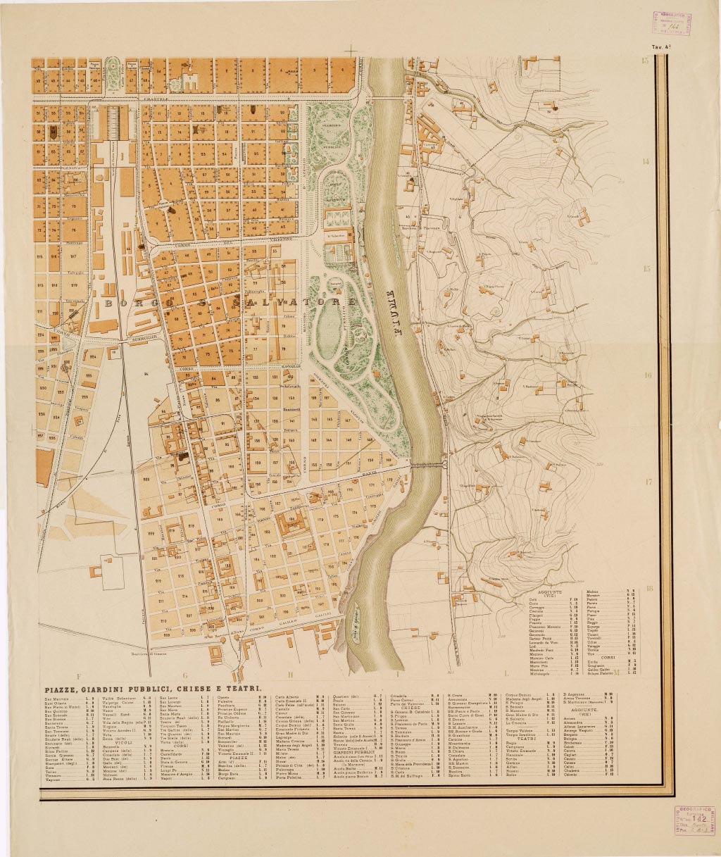 (N:13332) PIANO GENERALE DELLA CITTA' DI TORINO COLL'INDICAZIONE DEI PIANI REGOLARI DEGLI INGRANDIMENTI, COMPILATO PER CURA DELL'UFFICIO TECNICO MUNICIPALE. ESEGUITO NELLA LITOGRAFIA FRATELLI DOYEN. TORINO, NELL'ANNO 1884. G. KIRCHMAYR INCISORE - Tavola 4 (B0006599, B0006600, B6599-00) Carte e stampe antiche: riproduzione digitale a 300 DPI