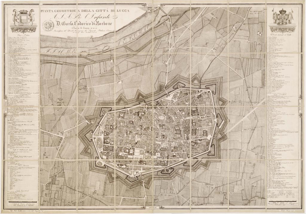 (N:13960) PIANTA GEOMETRICA DELLA CITTA' DI LUCCA A.S.A.R. L' INFANTE D. CARLO LODOVICO DI BORBONE DUCA DI LUCCA, ecc. IN OCCASIONE DEL QUINTO CONGRESSO DEI SAPIENTI ITALIANI L' ANNO 1843. IL PROF. PAOLO SINIBALDI O.D.C. (B0006892, B0006893, B6892-93) Carte e stampe antiche: riproduzione digitale a 300 DPI