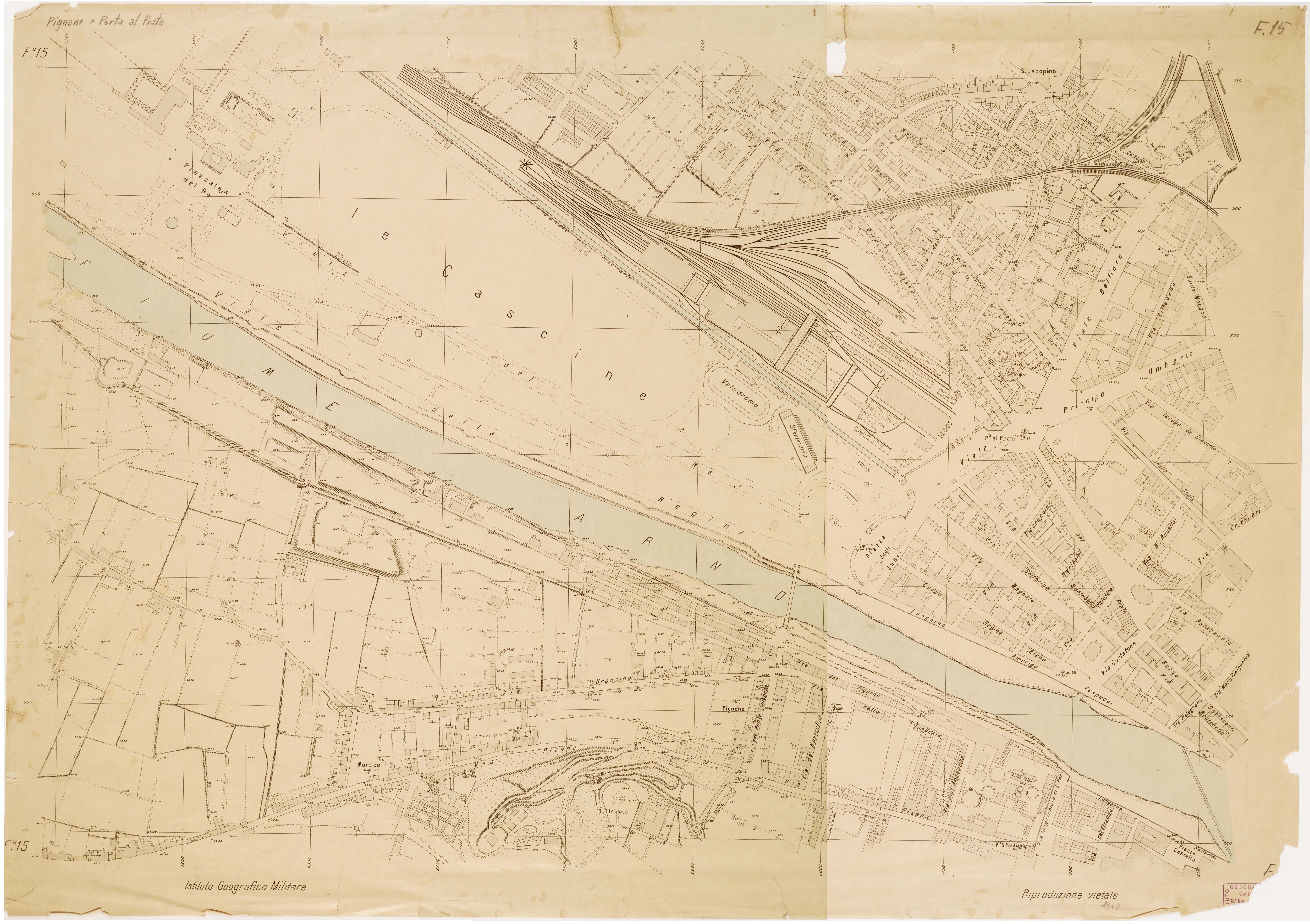 (N:13408) PIANO REGOLATORE DI AMPLIAMENTO DELLA CITTA' DI FIRENZE - Foglio 15 - Pignone e la Porta al Prato (B0006970, B0006971, B6970-71) Carte e stampe antiche: riproduzione digitale a 300 DPI